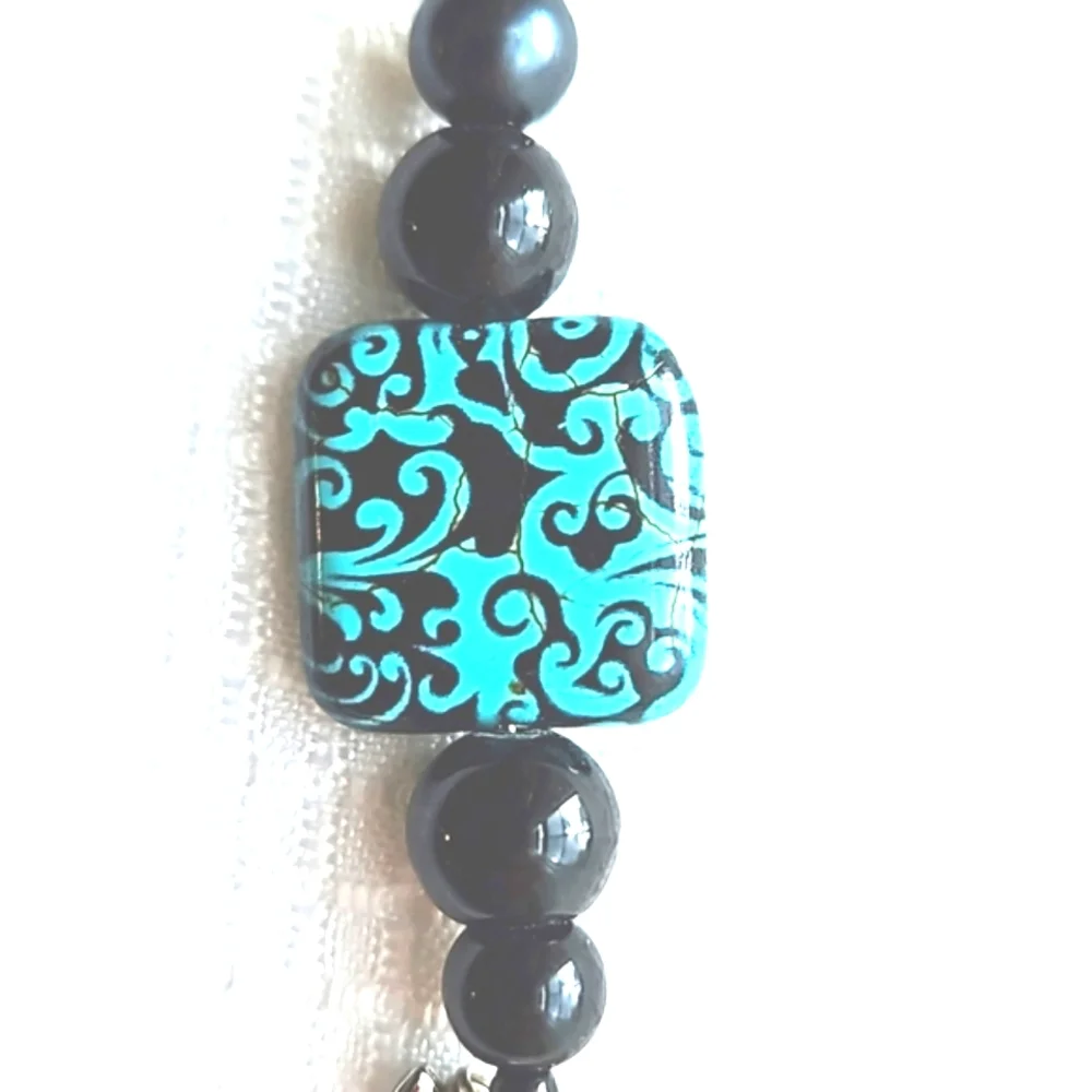 Hand Crafted Silver Angel Black Blue Beaded Keychain